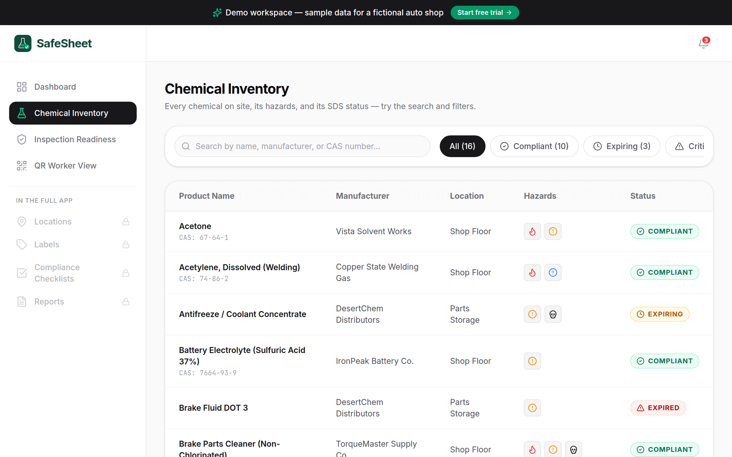 Searching and filtering the chemical inventory in the SafeSheet demo — hazard pictograms and SDS status for each chemical