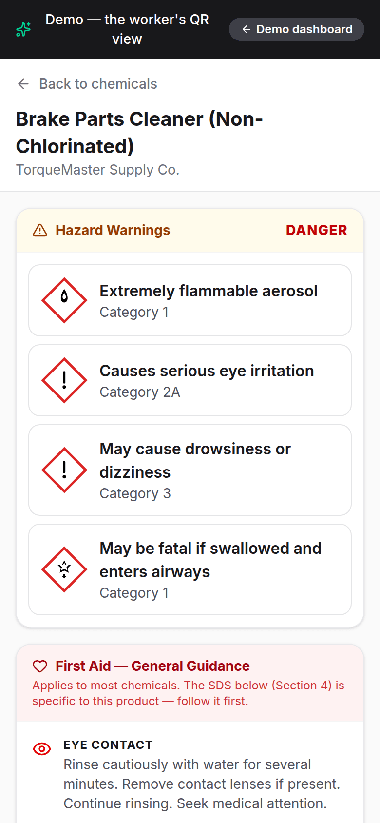 The worker's phone view after scanning a SafeSheet QR code — signal word, GHS hazard warnings, and first-aid guidance for a sample chemical