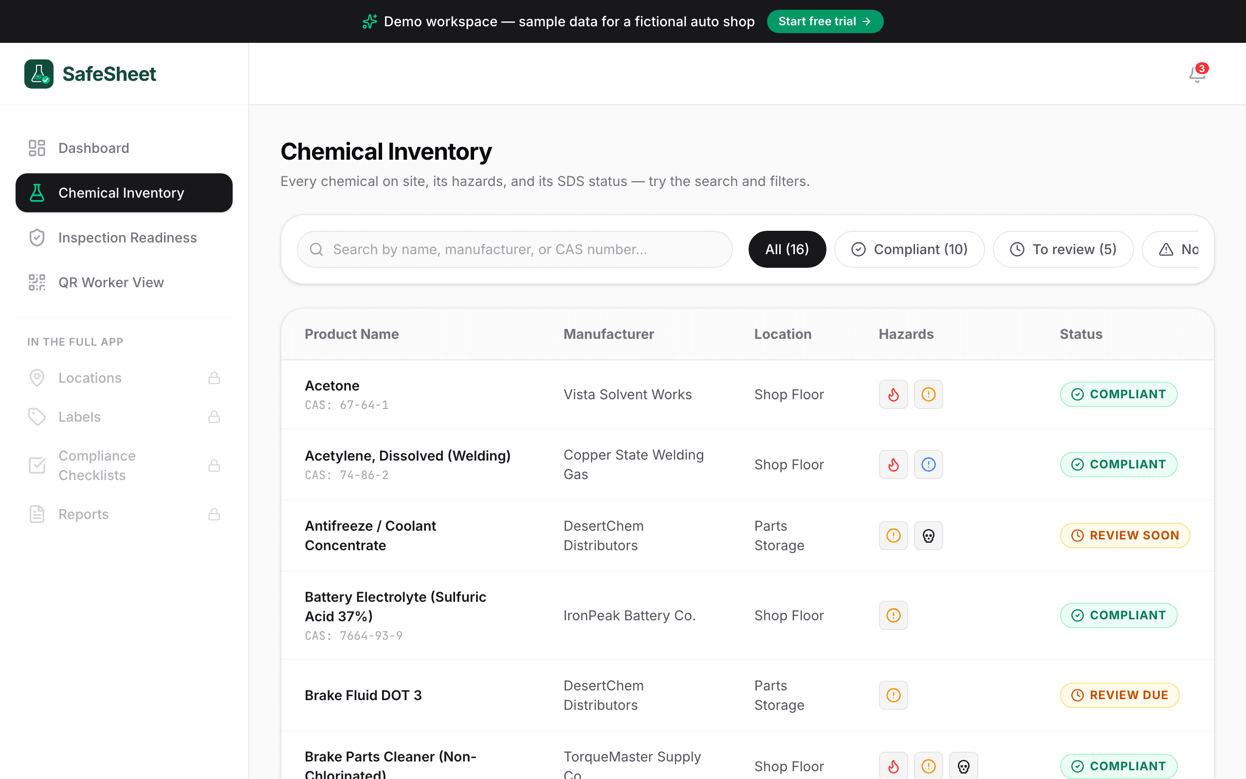 Searching and filtering the chemical inventory in the SafeSheet demo — hazard pictograms and SDS status for each chemical