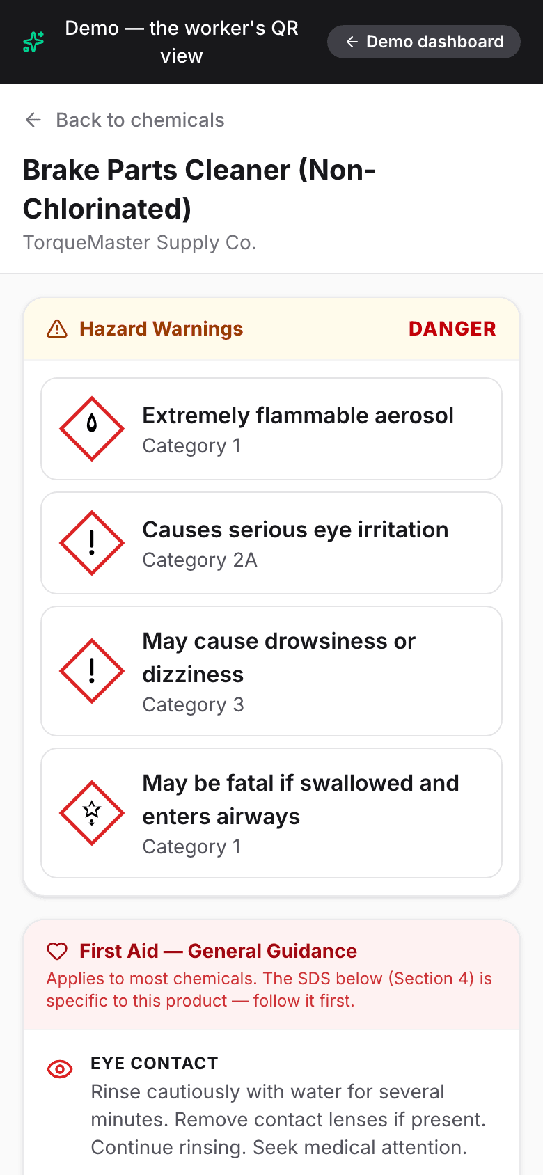 SafeSheet worker QR view on a phone — hazard warnings and first-aid guidance, no app or login