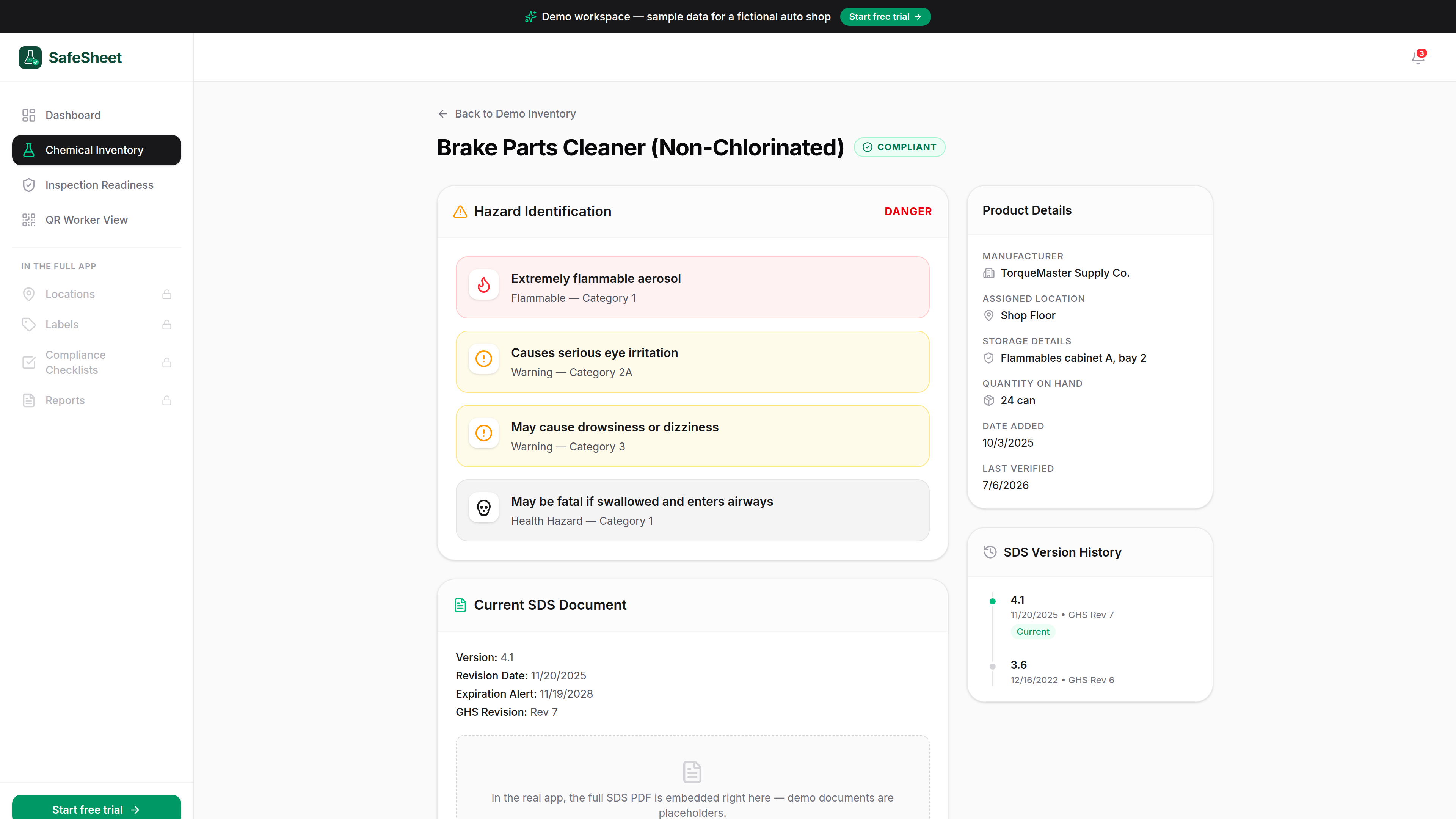 SafeSheet chemical detail page showing GHS hazards, pictograms, and the Safety Data Sheet with revision and expiration dates