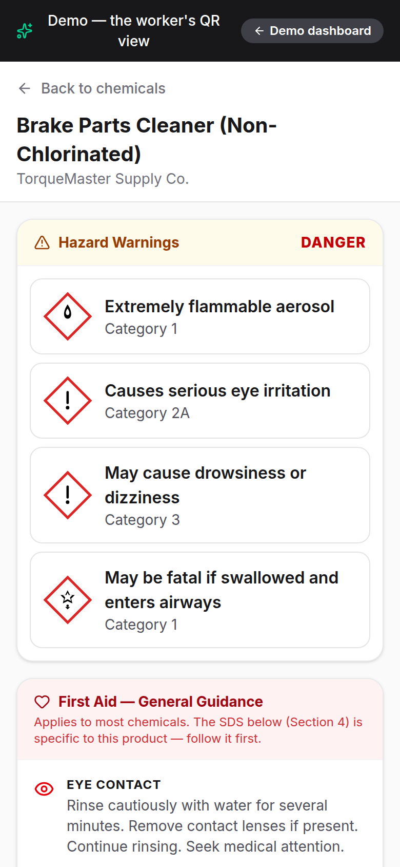 Phone view a worker sees after scanning a location QR code — a chemical's hazards and first-aid steps, no app or login required