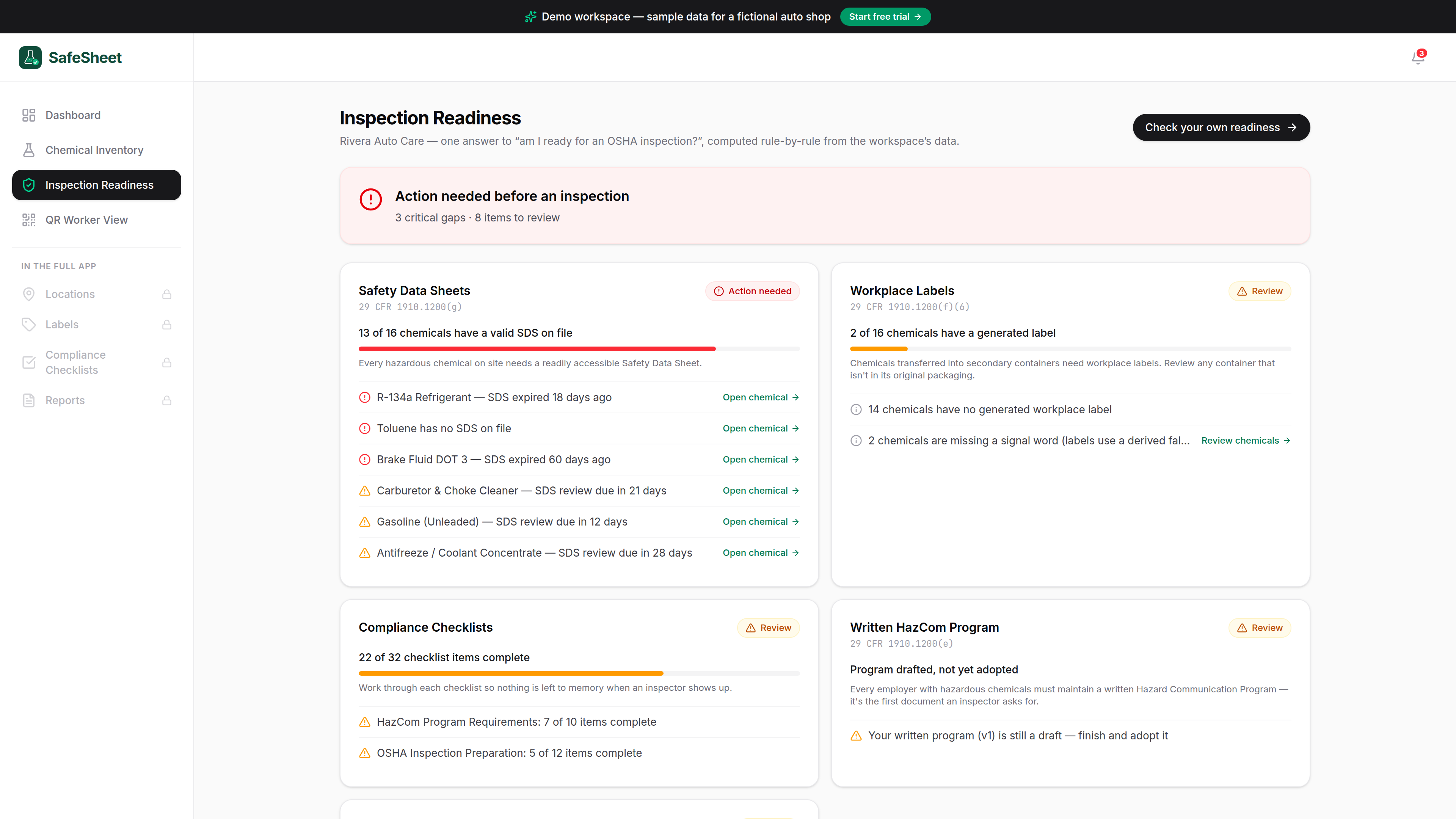 SafeSheet inspection readiness screen with a GHS Revision 7 readiness checklist ahead of the November 2026 deadline