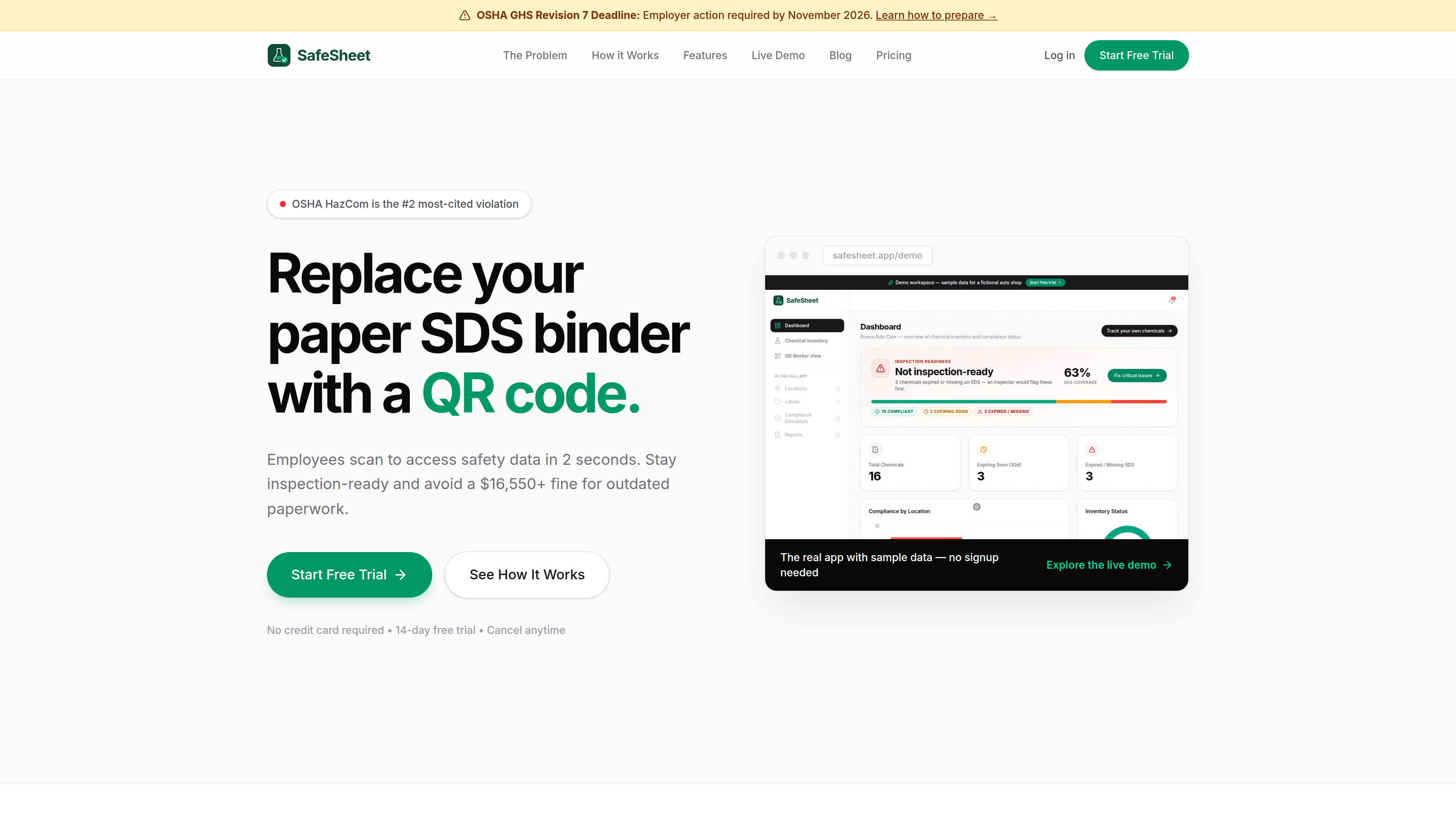 SafeSheet landing page hero: replace your paper SDS binder with a QR code